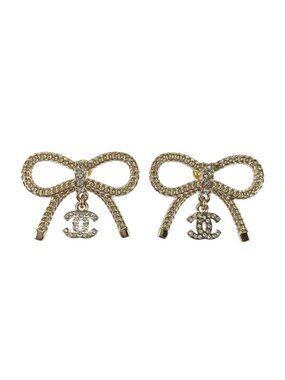 Chanel Ribbon CC Logo Line Stone Gold Plated Earrings